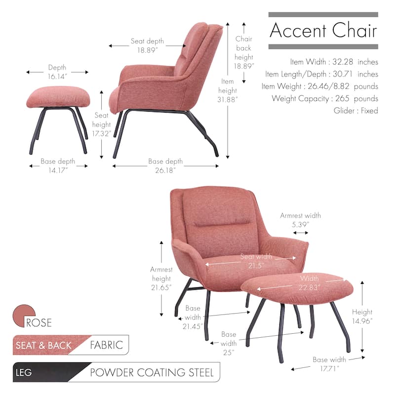 Porthos Home Alson Fabric Accent Chair and Ottoman Set with Steel Legs