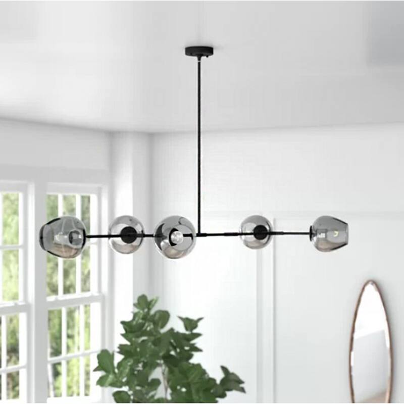 5 Light Black Iron Pendant With Smoke Glass Shades