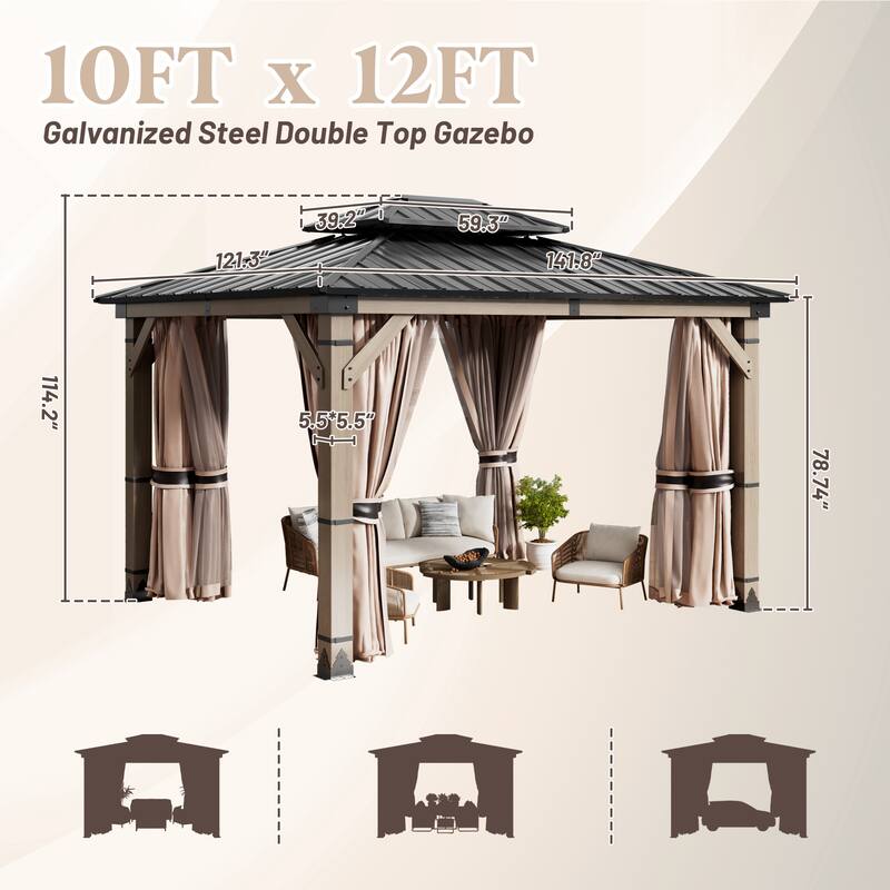 10X12FT Outdoor Wood Frame Patio Gazebo, Metal Pavilion with Curtain and Netting