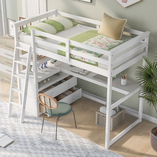 slide 2 of 29, Twin Size Loft Bed with Desk and Shelves, Two Built-in Drawers White