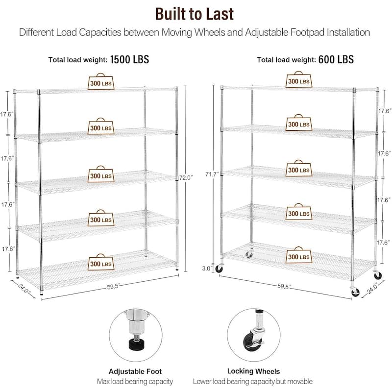 Wire Shelf Rack Shelving, 5 Shelf Metal Storage Rack with Wheels, 60"x24"x72" - 5 Tier