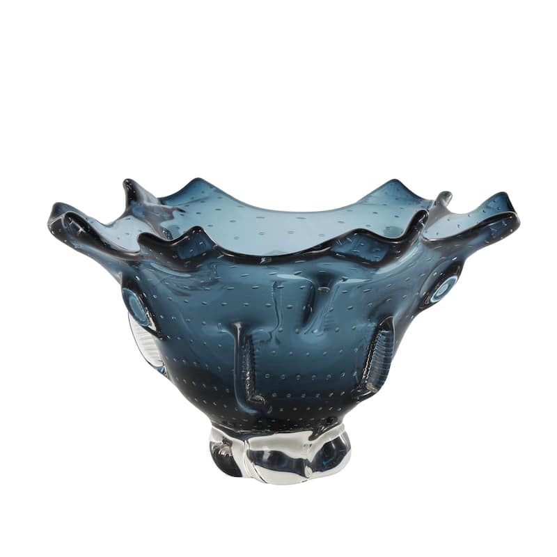 Glass Abstract Tulip Shaped Ombre Decorative Bowl with Bubble Texturing - Dark Blue - Roche River Decor