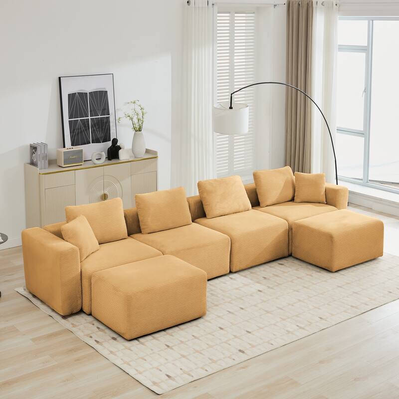 Corduroy Sectional Modular Sofa with Square Arms & Ottoman Extension for Flexible Arrangements