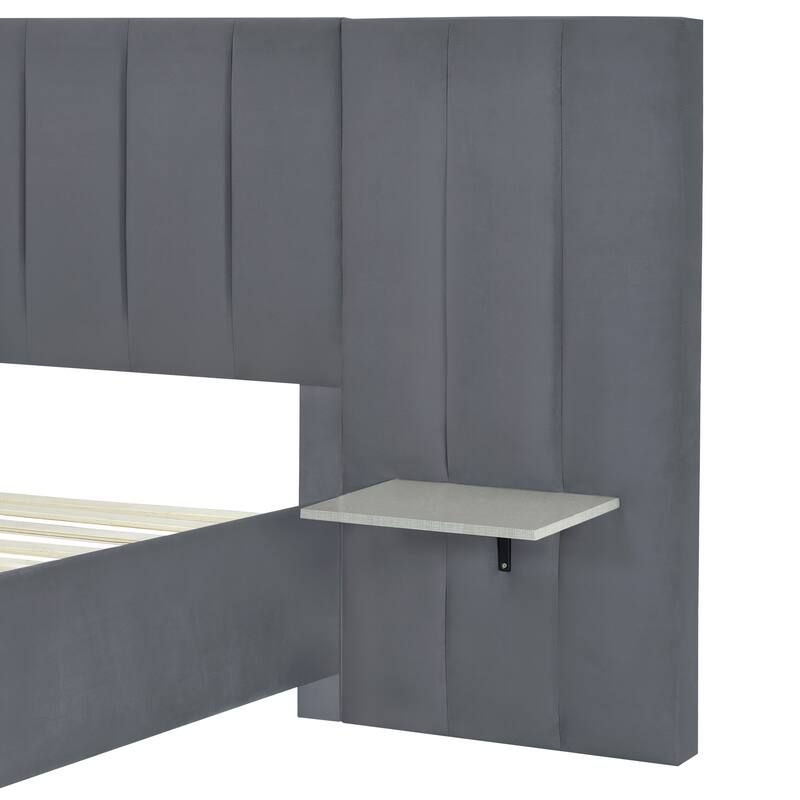 Modern Velvet Upholstered Platform Bed with Large Headboard