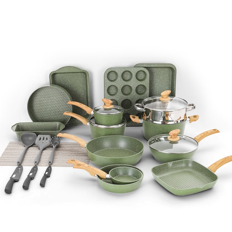 30-Piece Kitchen Granite Cookware and Bakeware Set, Cooking Pans Set Non-Stick Pots and Pans Set - Green