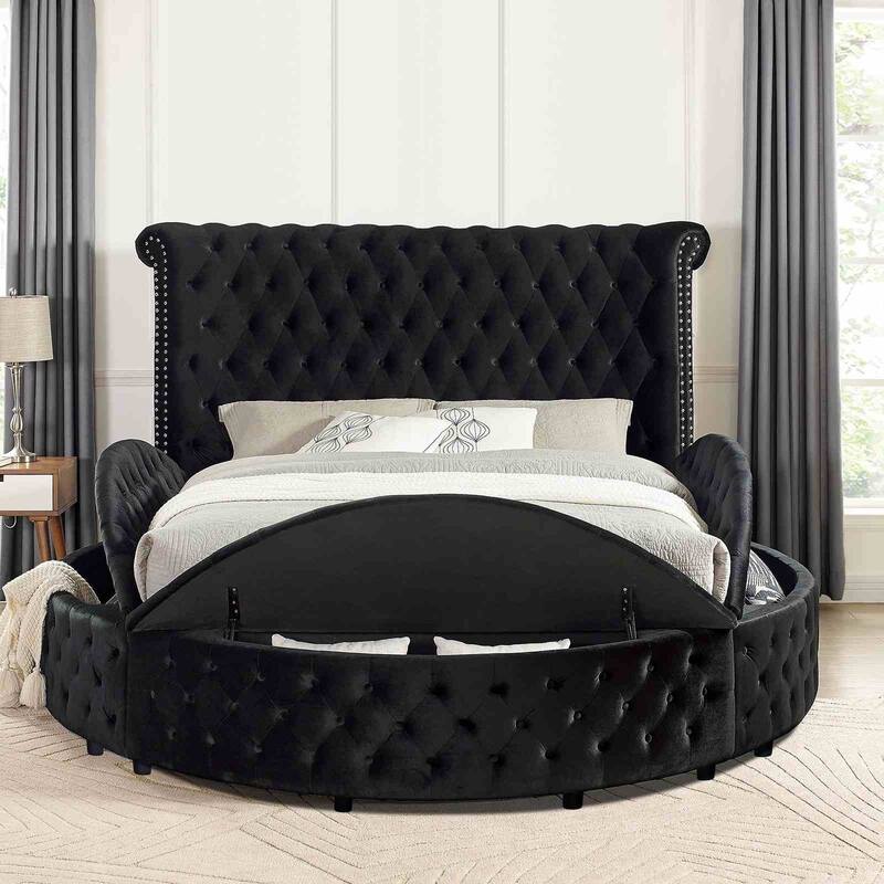 Black Finish Glam 4pc Bedroom Set with USB Port Round Bed