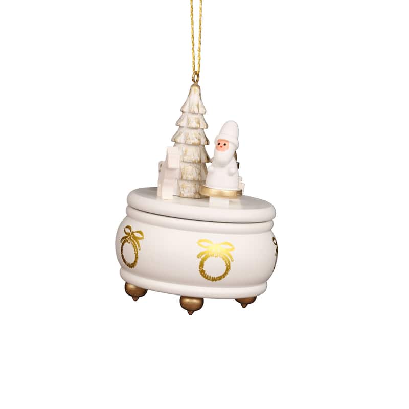 3" white music box with santa christmas handcrafted wooden ornament