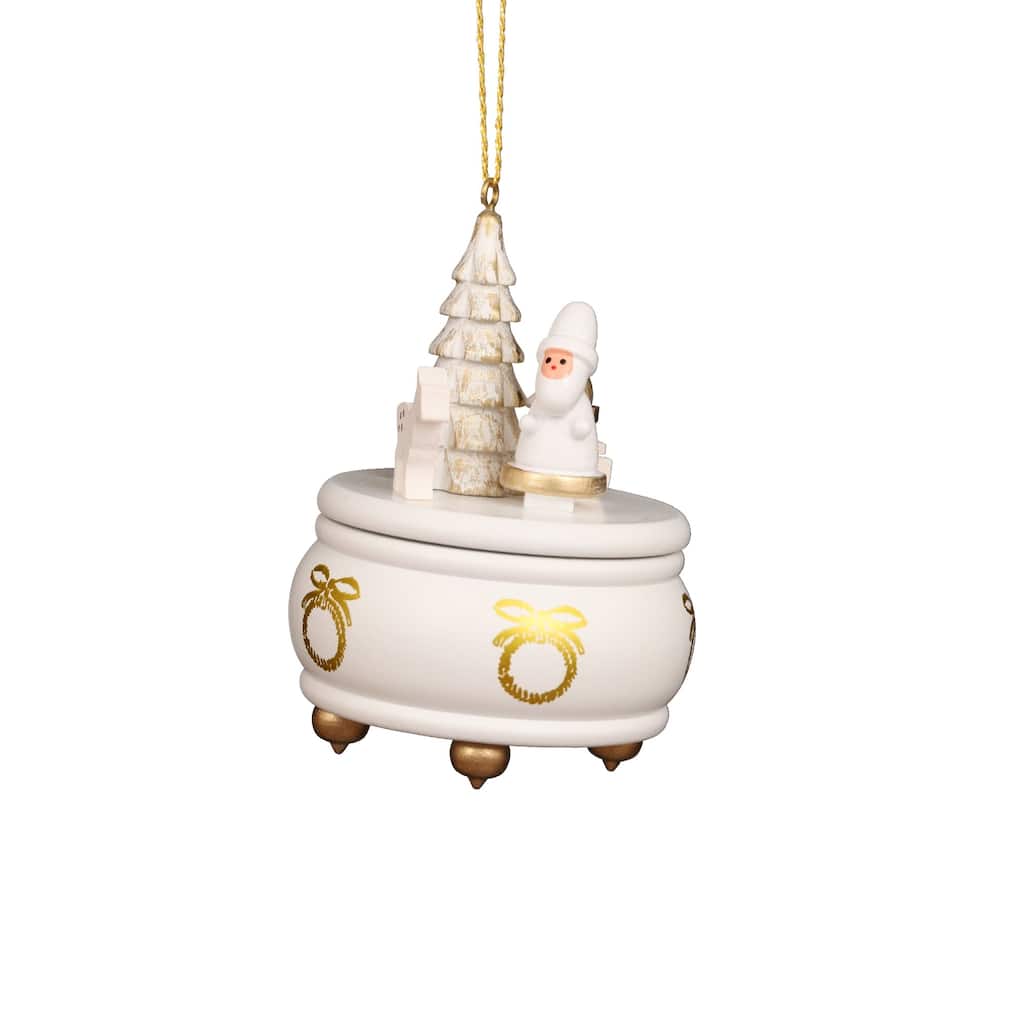 3" white music box with santa christmas handcrafted wooden ornament