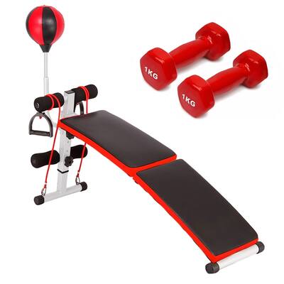Adjustable Utility Bench Exercise Bench Sit Up Weightlifting w/Boxing Ball & Pull Ropes & 2xDumbbells