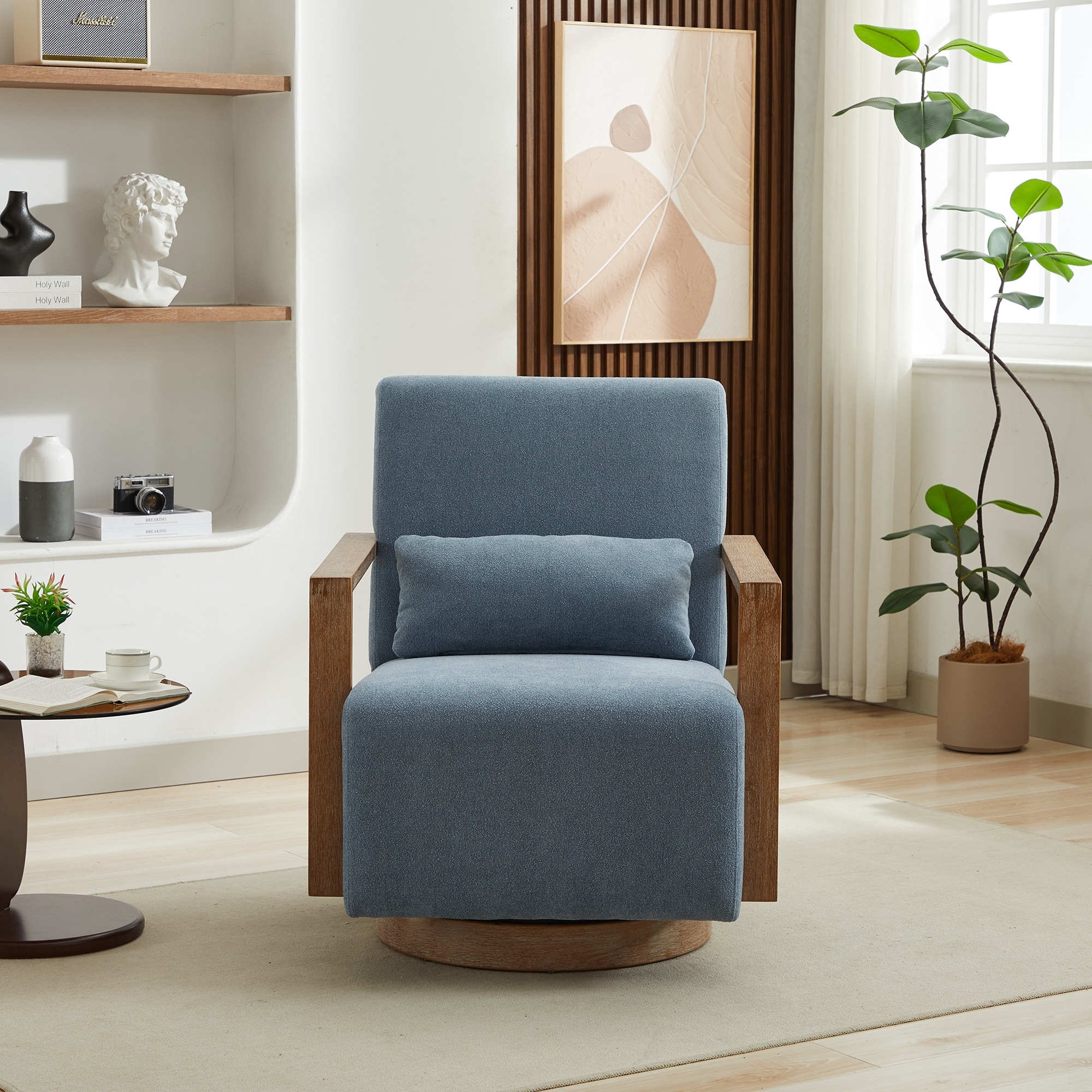 Upholstered Chair Accent Chair with Wood Armrests, Blue Lounge Chair Reading Chair Side Chair Armchair