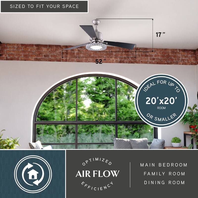 Clara 52 In. Nickel Ceiling Fan with Crystal LED Light Kit and Remote - 52-in W x 17-in H x 52-in D