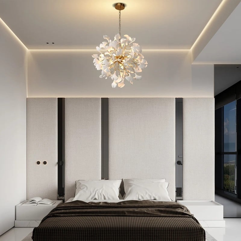 KAYLA Modern Gold Tree Branch Ginkgo Leaf Chandelier - 55" Rectangle Ceramic & Aluminum Design