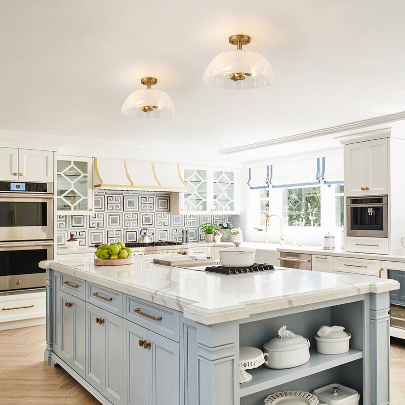 Modern 2-Light Cloud Glass Dome Semi Flush Mount Ceiling Light - Brass - 16" W × 9.5" H