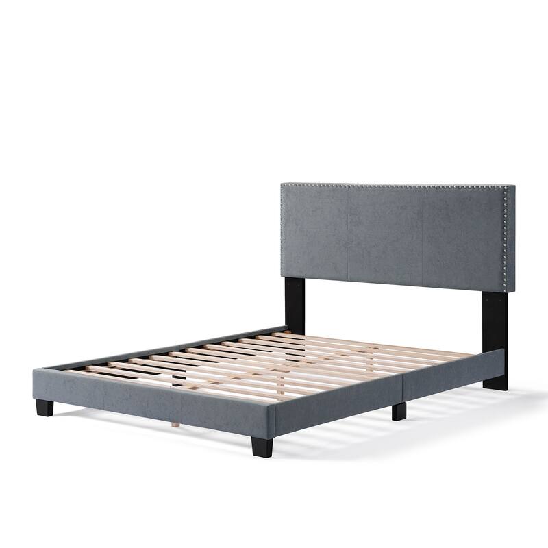 Full/Queen Size Platform Bed Frame, Bedroom Upholstered Bed with Nailhead Trim Headboard, No Box Spring Needed