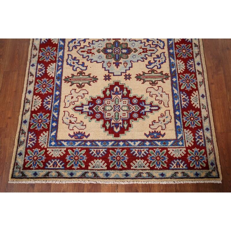 Geometric Kazak Accent Rug Handmade Yellow Wool Carpet - 3'6" x 5'1"