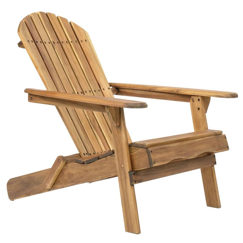 Roomfitters Folding Adirondack Chair Outdoor Wooden Lounge Furniture with Wide Armrests and Slatted Back Teak