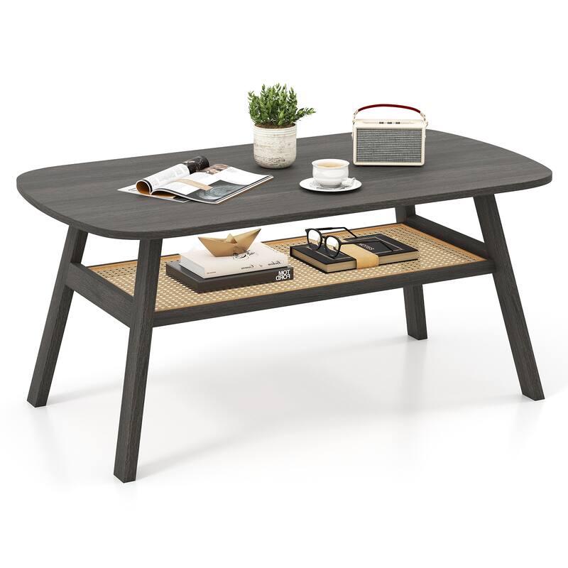 Gymax 2-Tier Coffee Table w/ Rattan Storage Shelf & Rubber Wood Legs