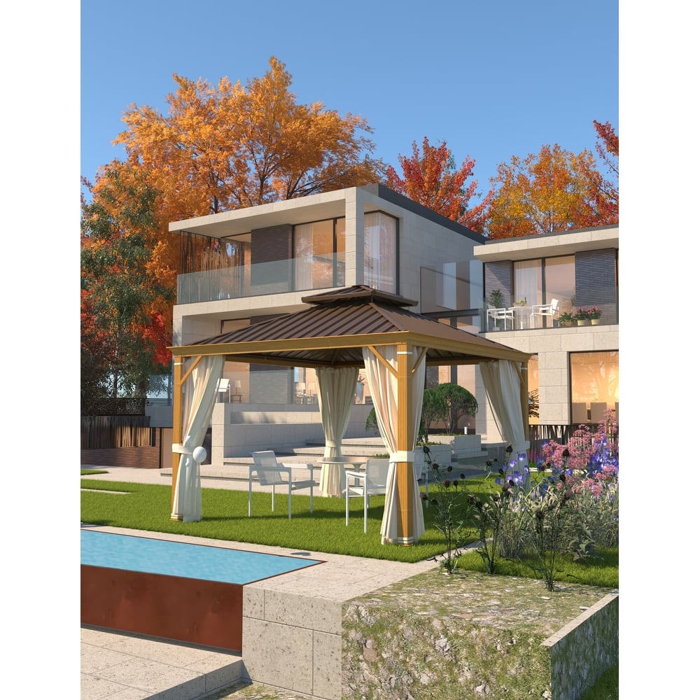 EROMMY Hardtop Gazebo W/Steel Double Roof, Anti-Rust Coating Aluminum Frame Permanent, Hard Top Gazebo for Garden Lawn Parties