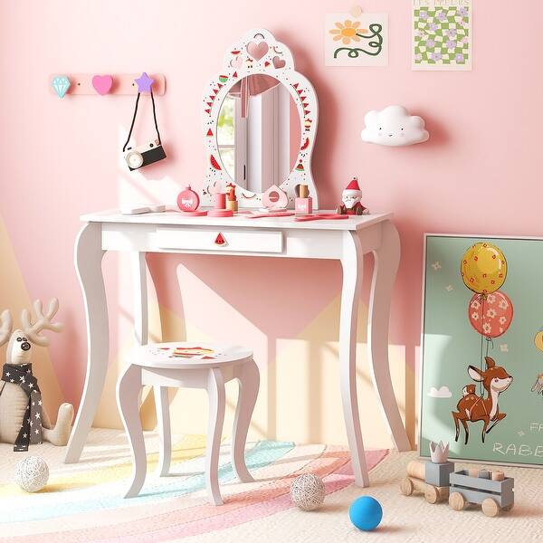 slide 2 of 10, Gymax Kid Vanity Table Stool Set Storage Drawer Watermelon Patterns White