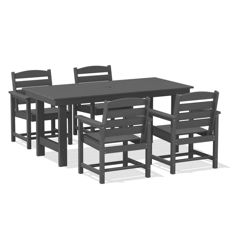 5-Piece HDPE Outdoor Dining Table Sets with Umbrella Hole - 1-Table 4-Chairs - Grey