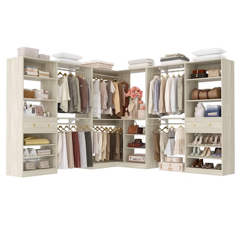 Zyntex Corner Closet System with 2 Wooden Drawers and 6 Hanging Rods, Freestanding Walk-in Closet Organizer with Storage Shelves