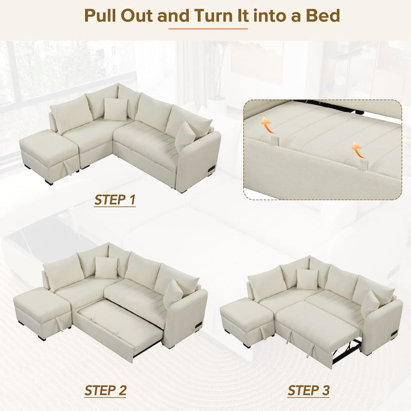 82.6" L-shaped Sectional Pull Out Sofa Bed Sleeper Sofa with Two USB Ports, Two Power Sockets and a Movable Storage Ottoman, Bei