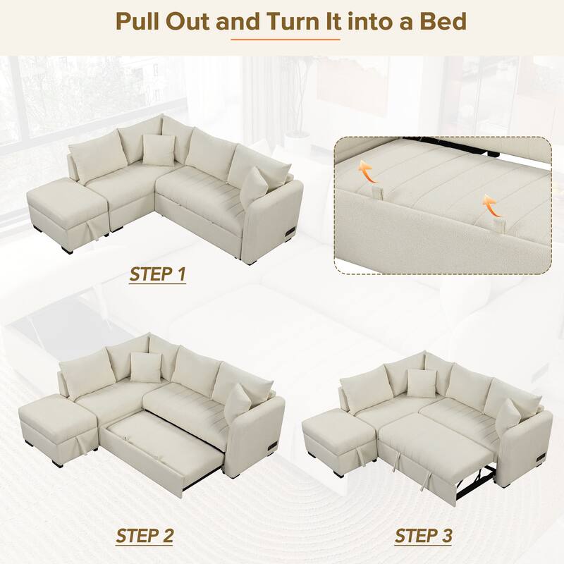 L-shaped Sectional Pull Out Sofa Bed Sleeper Sofa ，USB,Power Sockets and a Movable Storage Ottoman, Beige