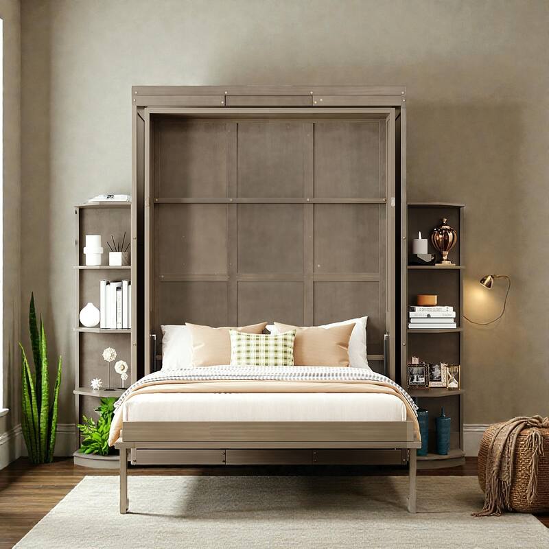 Queen Rotating Murphy Bed with Desk, Dual 3-Tier Side Shelves, Hidden Wall Cabinet, Space-Saving Wall Bed