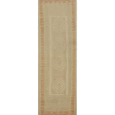 Hand Woven Oriental 100% Wool Carpet Southwestern Tribal Beige & Ivories Kilim Runner Rug - 9' 10'' X 2' 6''