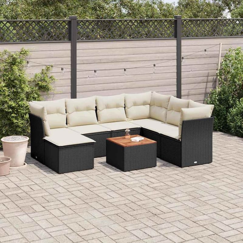 vidaXL Patio Sofa Set with Cushions Outdoor Furniture 8 Piece Poly Rattan - 24.4 x 24.4 x 27.2 - Black and Cream 3 middle+3 corner+footrest+table