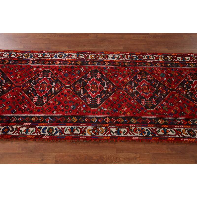 Hand Knotted Oriental 100% Wool Carpet Traditional Tribal Red Shiraz Runner Rug - 10' 8'' X 3' 2''