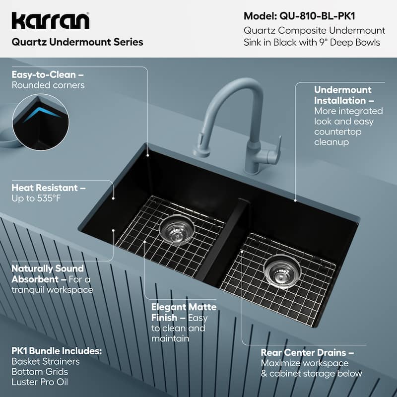 Karran 32" Undermount Double Equal Bowl Quartz Kitchen Sink Kit - 32" x 19.5" x 9"