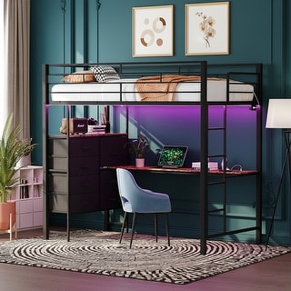 Black Twin Metal Loft Bed with Desk and Drawers LED Light Charging ...