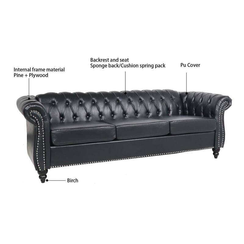 84.65" Rolled Arm Chesterfield 3 Seater Sofa