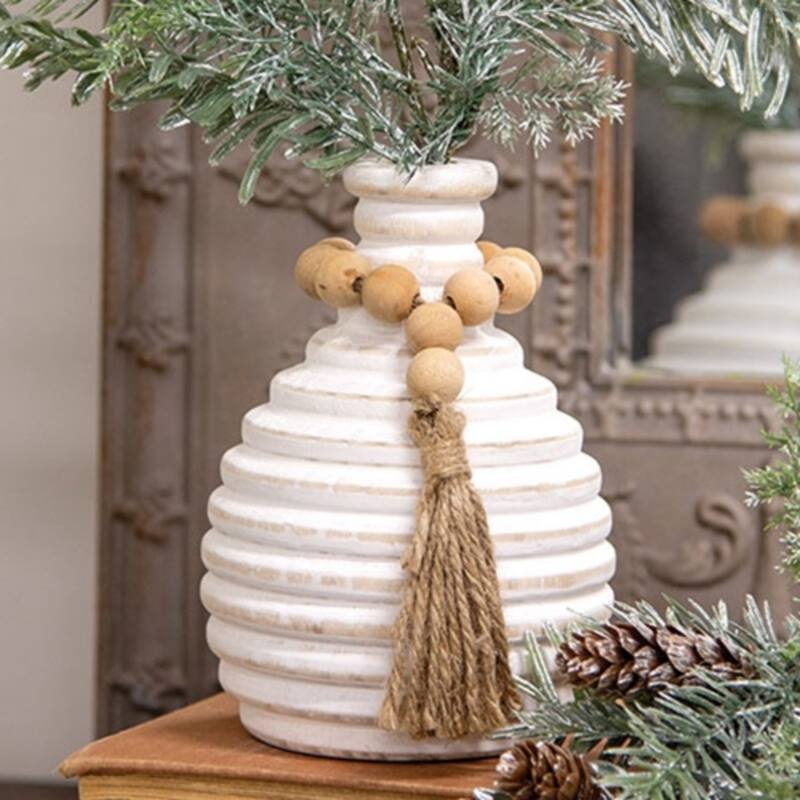 White Wooden Beaded Athens Vase Distressed Accent