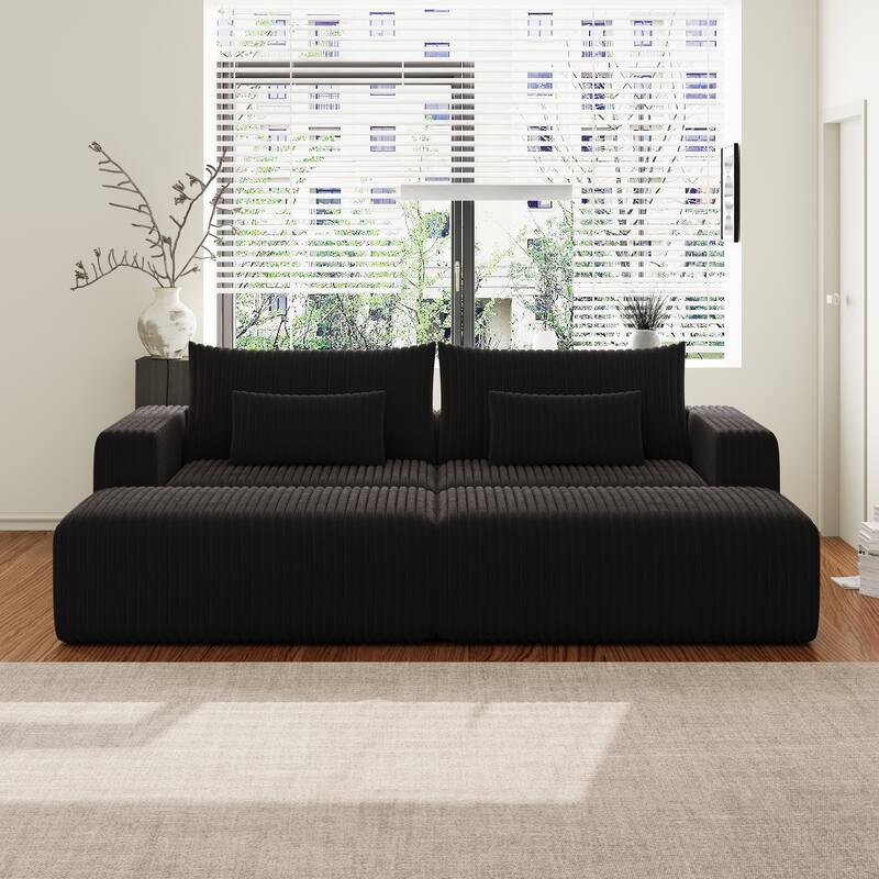 102" Corduroy Lounge Sectional Sofa with 2 Footstools