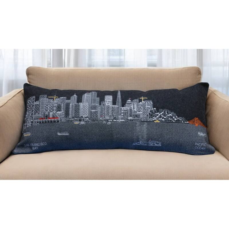 HomeRoots 35" Black San Francisco Nighttime Skyline Lumbar Decorative Pillow - Bed Rest - Polyester