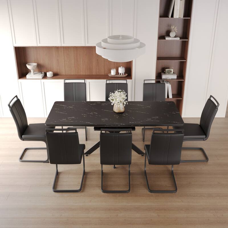 Durable Table and Chair Set for Home Office, Extendable Dining Table with Metal Legs, Upholstered Dining Chairs - Black