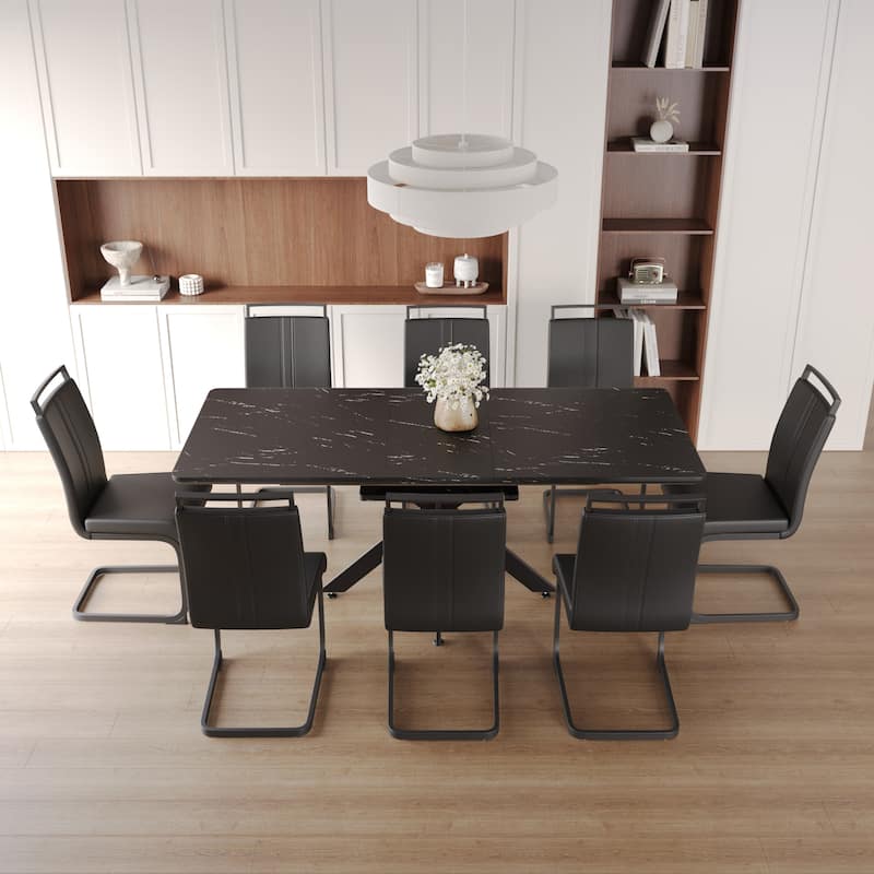 Modern Dining Set with Rectangular Extendable Table & High Back C-shaped Tube Armless Chairs