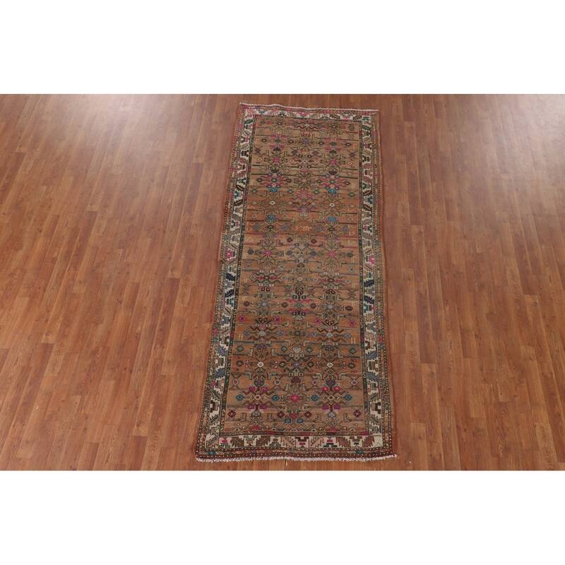Geometric Hamedan Persian Vintage Runner Rug Handmade Wool Carpet - 3'7"x 8'9"