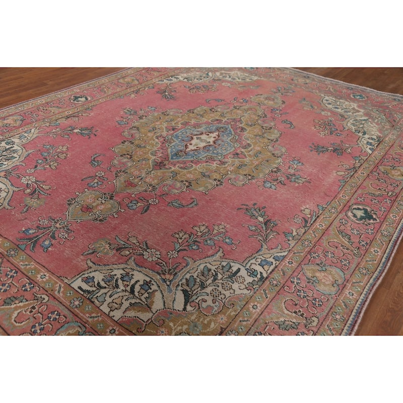 Pink Tabriz Vintage Persian Rug Hand-Knotted Wool Carpet - 8'3" x 10'10"
