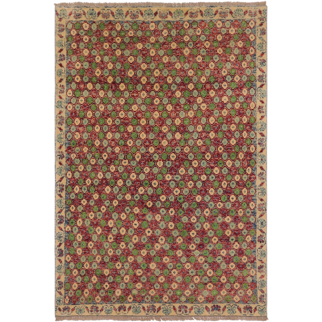 Shabby Chic Balochi Bravo Red/Beige Hand Knotted Wool Rug - 4'0'' x 5'11''