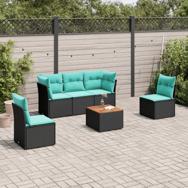 vidaXL 6 Piece Patio Sofa Set with Cushions Black Poly Rattan - 24.4 x 24.4 x 27.2