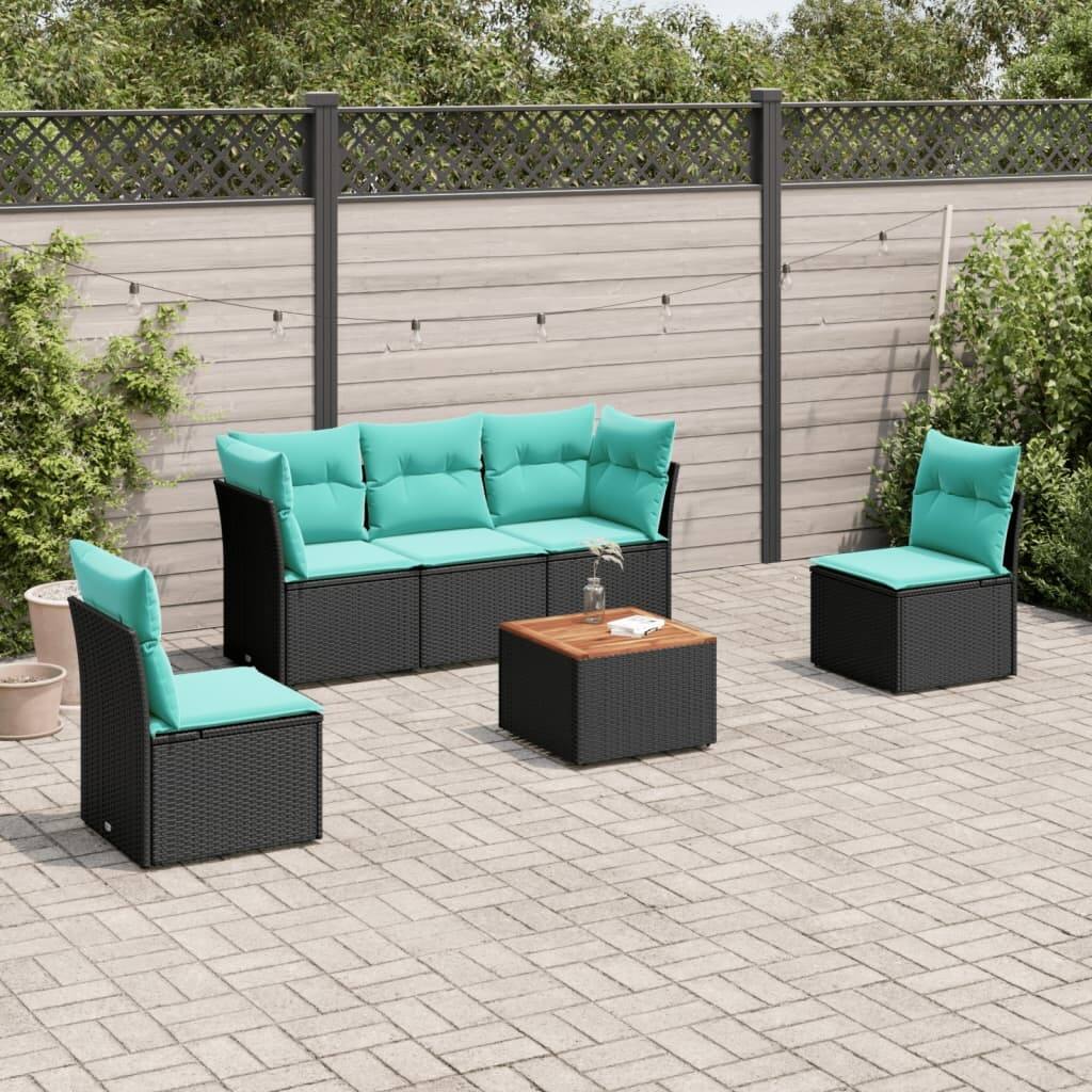vidaXL 6 Piece Patio Sofa Set with Cushions Black Poly Rattan - 24.4 x 24.4 x 27.2