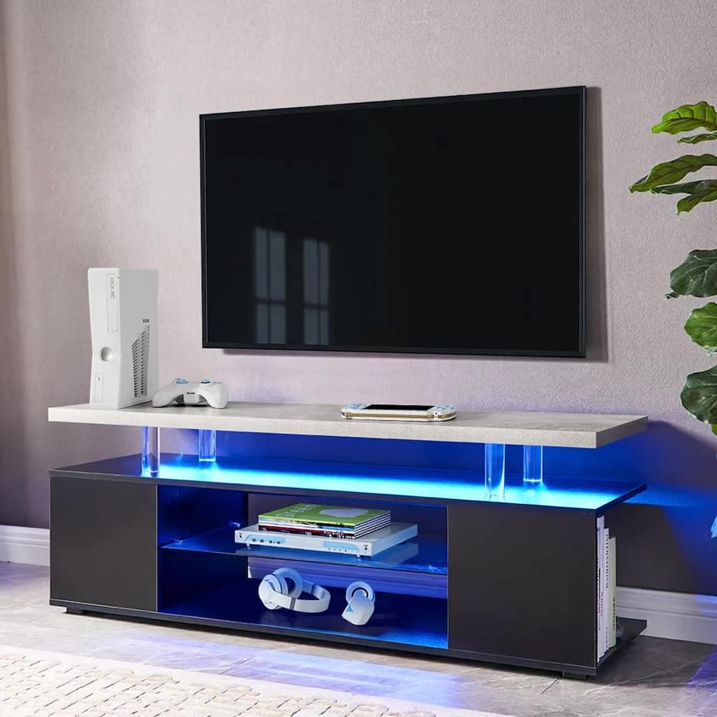 Modern LED TV Stand, Gaming Entertainment Center Media, for 60 Inch TV Table with Side Cabinet, for Living Room, Grey+Black