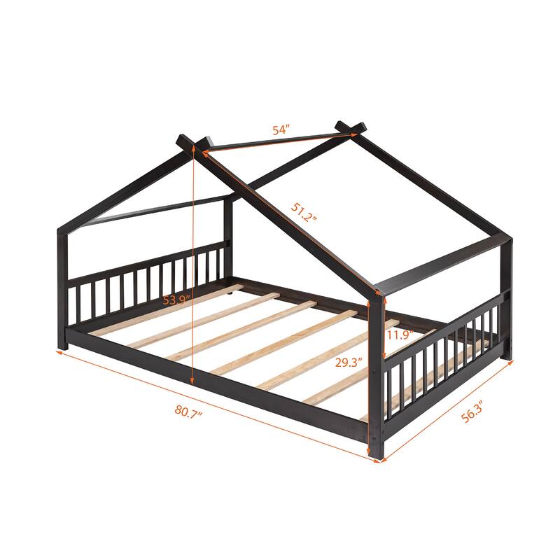 Full Size House Bed with Roof and Sturdy Pinewood Frame, No Box Spring Needed