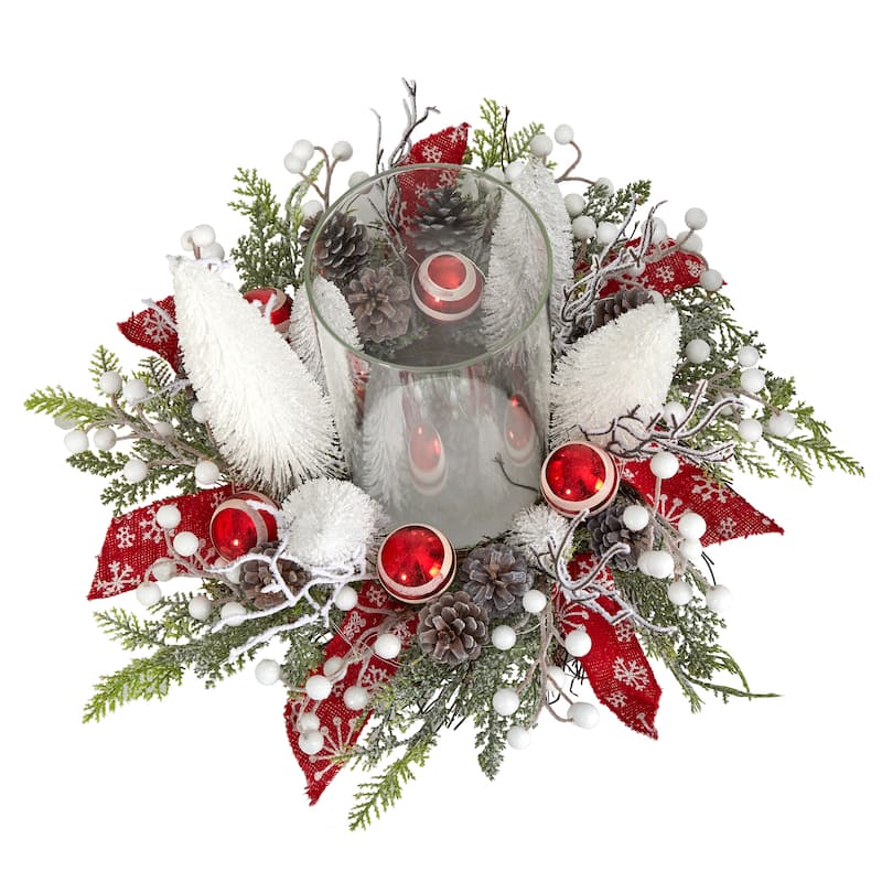 15" Artificial Lighted Forest Christmas Candle Holder