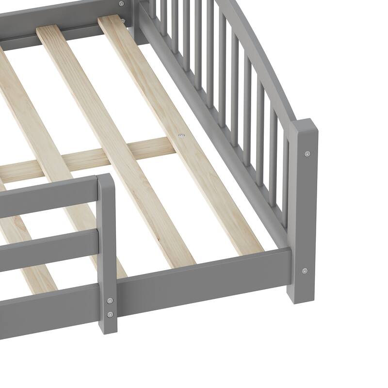 Montessori Floor Bed with Fence - Full/Twin Solid Wood, Slats & Safety Guardrails, Easy Assemble