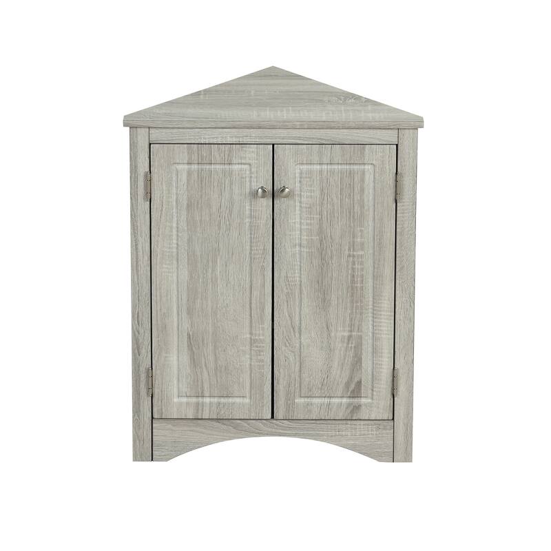 Triangle Corner Storage Cabinet, Freestanding Floor Cabinet, Double Door Bathroom Cabinet with 2 Tier Adjustable Shelves