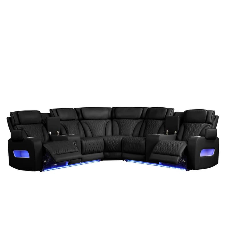 Jazz 117"W Leather Aire Power Reclining Sectional Sofa w/Power Headrest, Bluetooth Speakers, LED, USB, Storage & Cupholders
